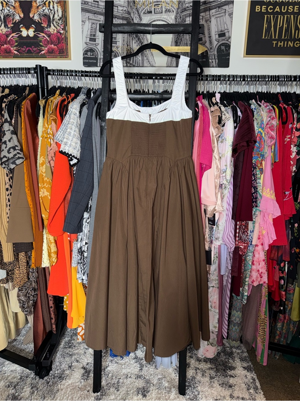 Moon River Two Tone Drop Waist Peekaboo Midi Dress Brown White Women’s Large - Picture 5 of 12